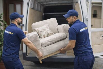 Two men carrying a sofa.
